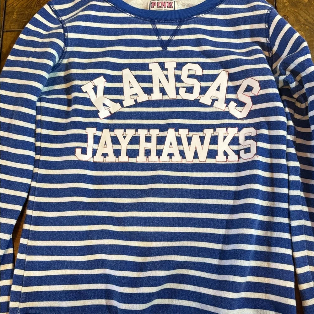 PINK Victoria Secret Blue and White Striped Kansas Jayhawks Sweatshirt - Picture 4 of 5
